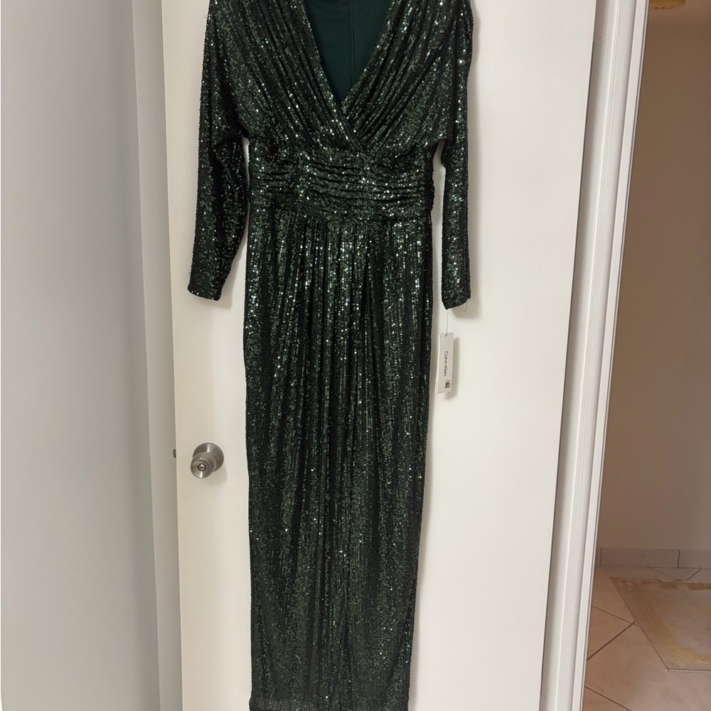 Calvin Klein Dark Green Sequin Long Sleeve Dress